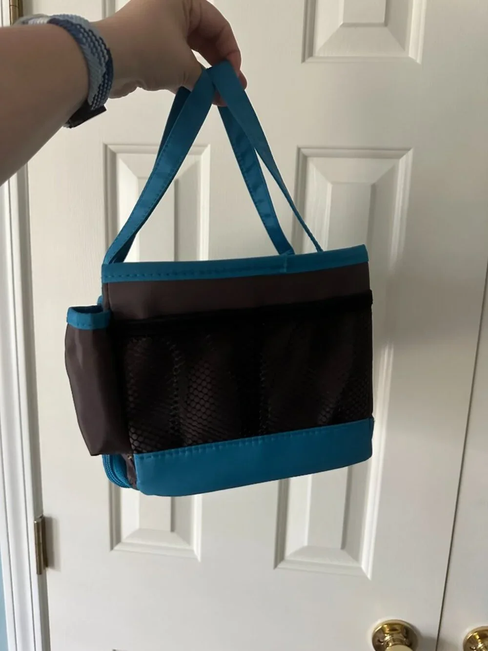 Brown and Blue Multi-Pocket Organizer Tote Bag